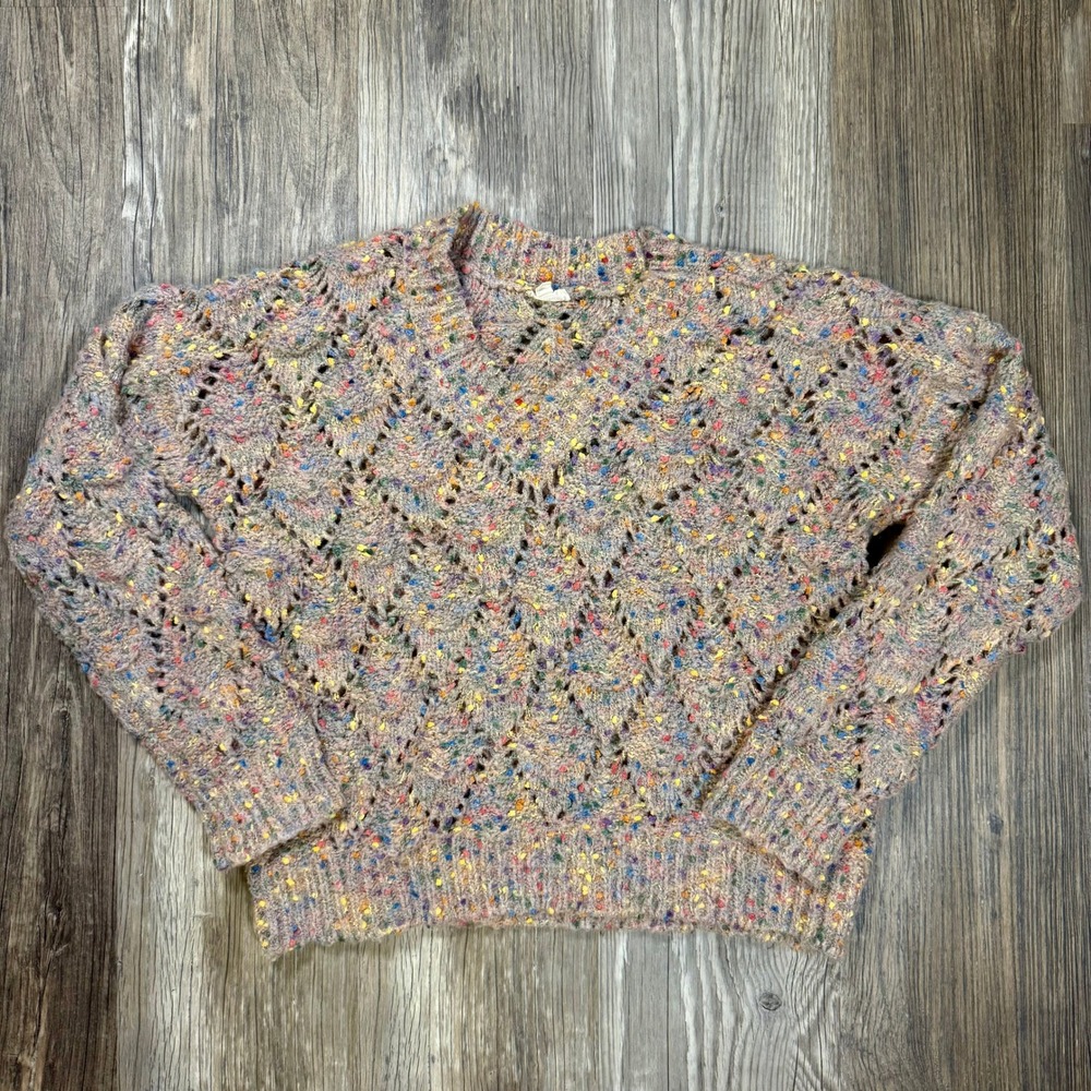 Whimsical Soft Girl MultiColored Confetti Pointelle Diamond Knit VNeck Sweater L